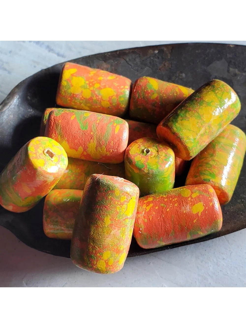 Vintage Japanese Mottled Decoupage Beads Coral Pink Cream Green 22mm Tube 4pcs